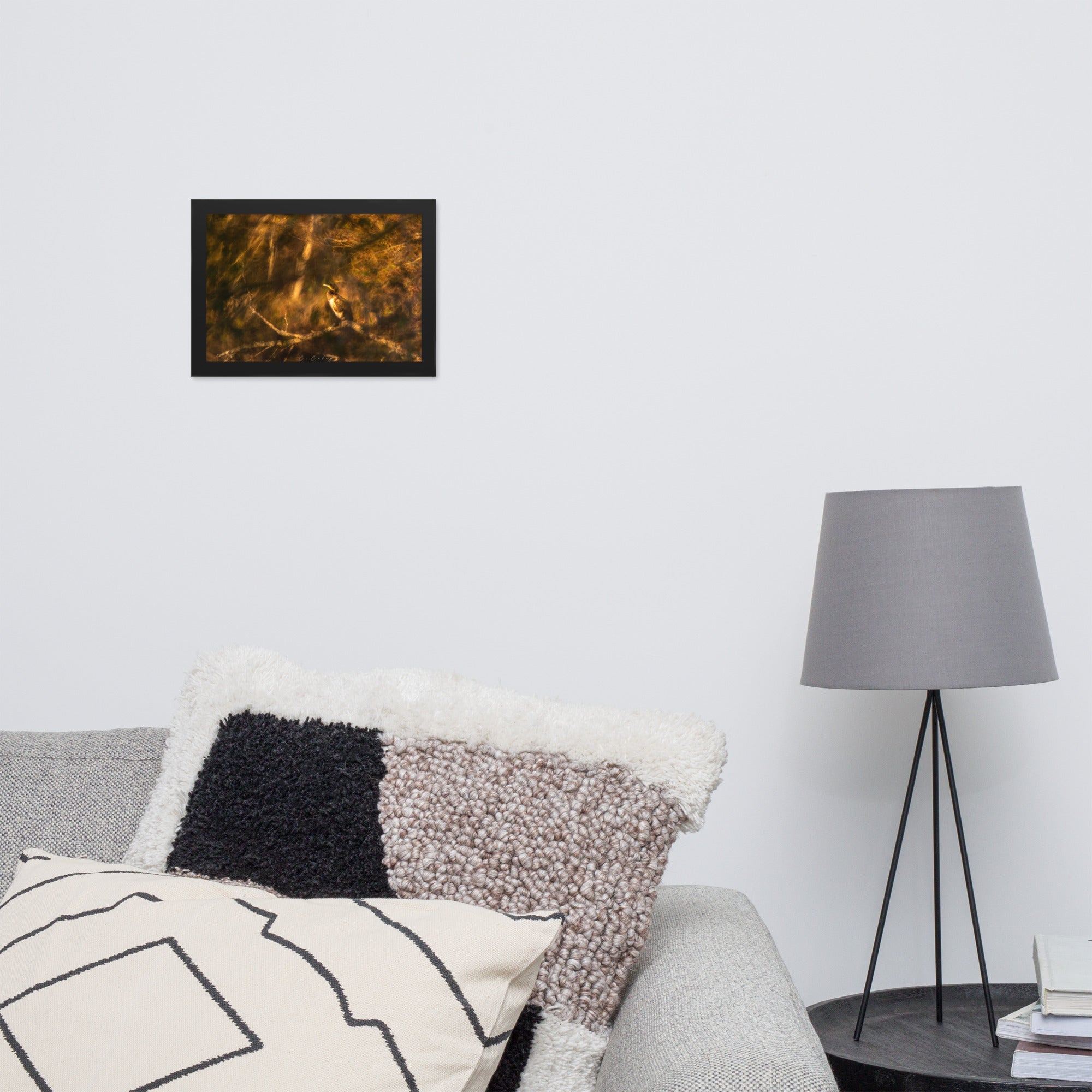 Cormoran élégamment perché sur une branche, évoquant un tableau de maître, encadré en chêne massif, une fusion unique entre photographie et peinture signée Charles Coley.