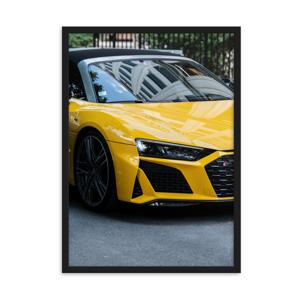 Poster de la photographie "Audi R8 V10 N02", mettant en scène une Audi R8 de dernière génération de couleur jaune.