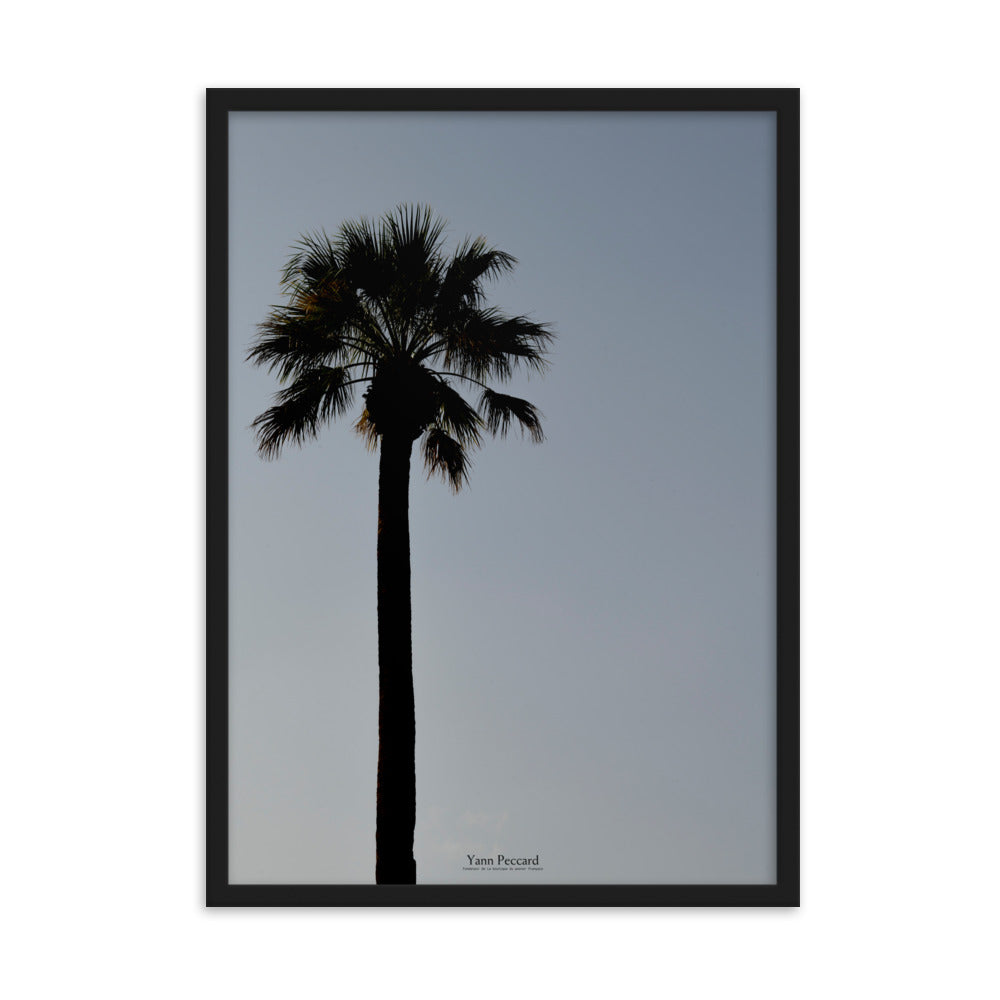 Silhouette d'un palmier sur fond de ciel crépusculaire dans le poster "Tropicale" de Yann Peccard.