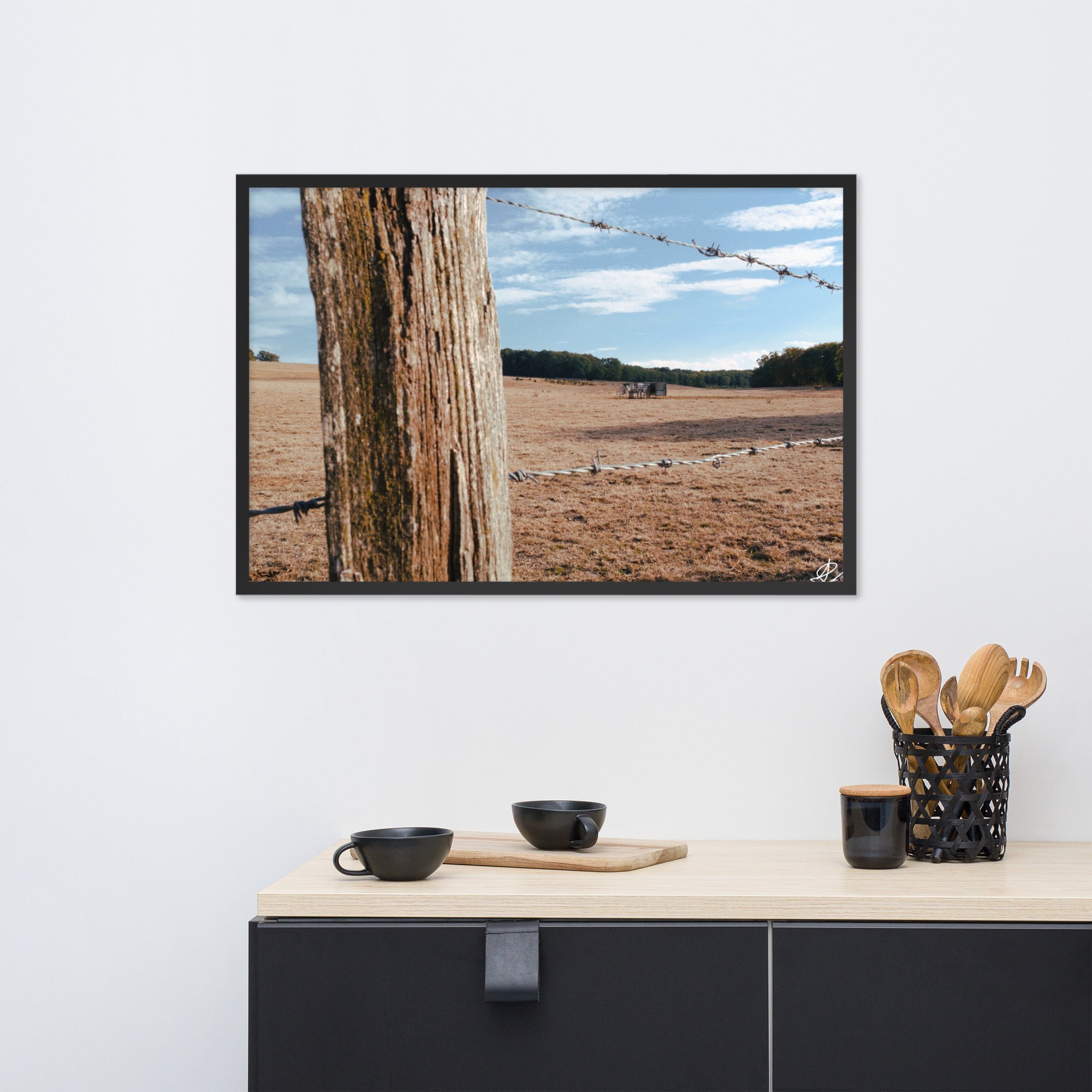 Photographie 'Campagne Sèche' par Ilan Shoham, capturant la résilience de la nature rurale à travers des barbelés, encadrée pour une réflexion profonde.