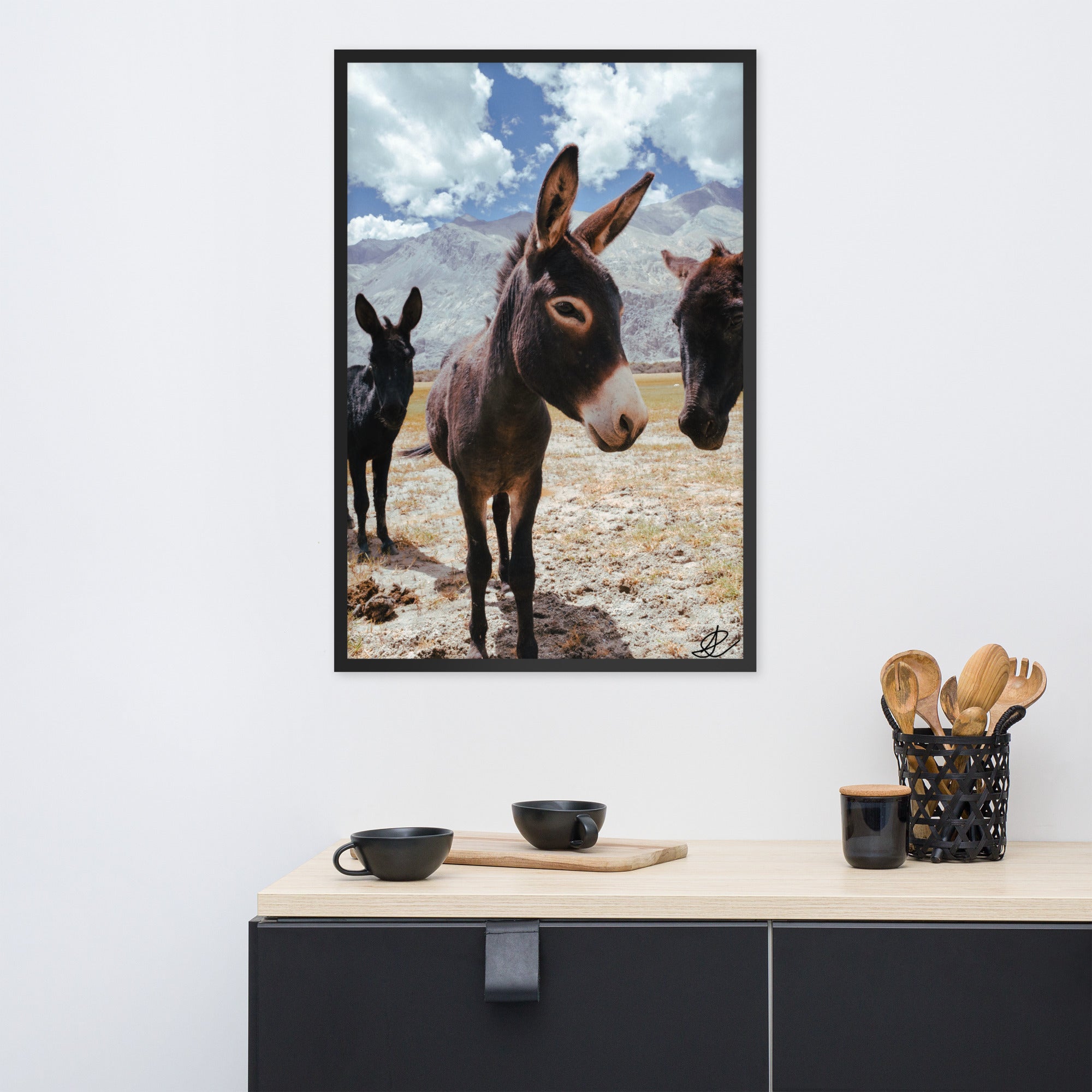 Photographie encadrée 'Les ânes' par Ilan Shoham, dépeignant trois ânes dans un décor aride de la Vallée de Noubra, avec des montagnes imposantes en arrière-plan dans une impression de qualité musée.