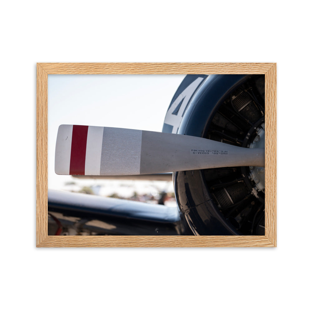 Photographie détaillée de l'hélice du T-28, F-AYBA, par Yann Peccard, encadrée avec élégance, reflétant la robustesse et l'histoire aéronautique.