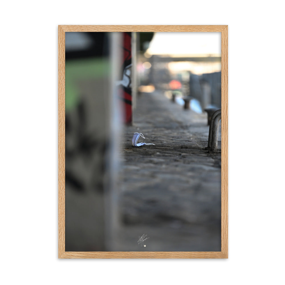 Image en noir et blanc d'un masque usagé au bord de la Seine, symbolisant l'impact du COVID-19 sur le monde.