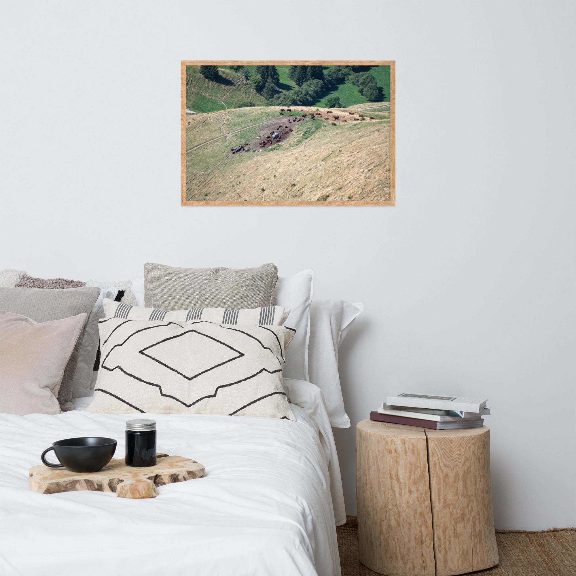 Photographie des vaches paissant paisiblement avec en toile de fond les montagnes majestueuses de la Tournette près d'Annecy. La nature dans sa splendeur.