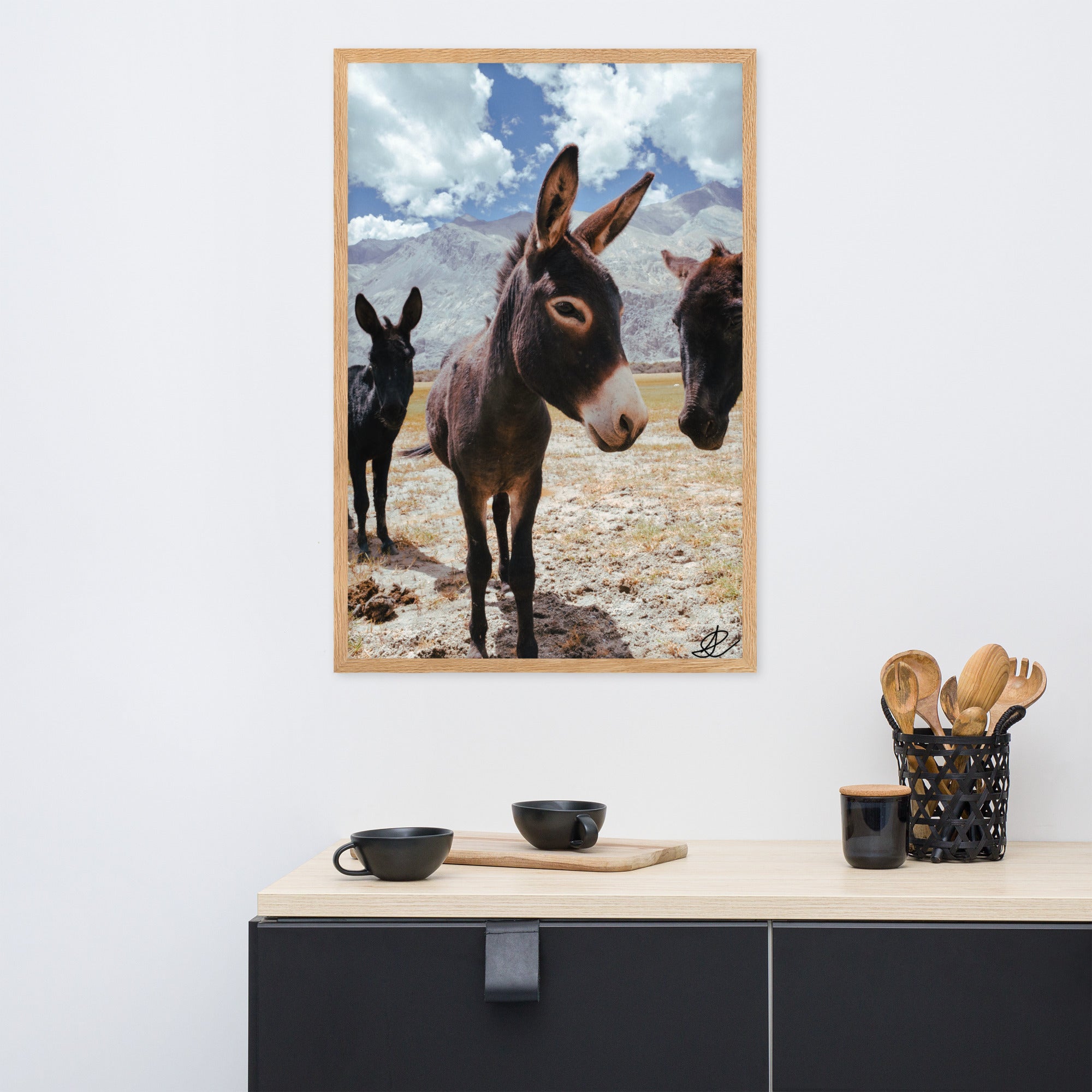 Photographie encadrée 'Les ânes' par Ilan Shoham, dépeignant trois ânes dans un décor aride de la Vallée de Noubra, avec des montagnes imposantes en arrière-plan dans une impression de qualité musée.