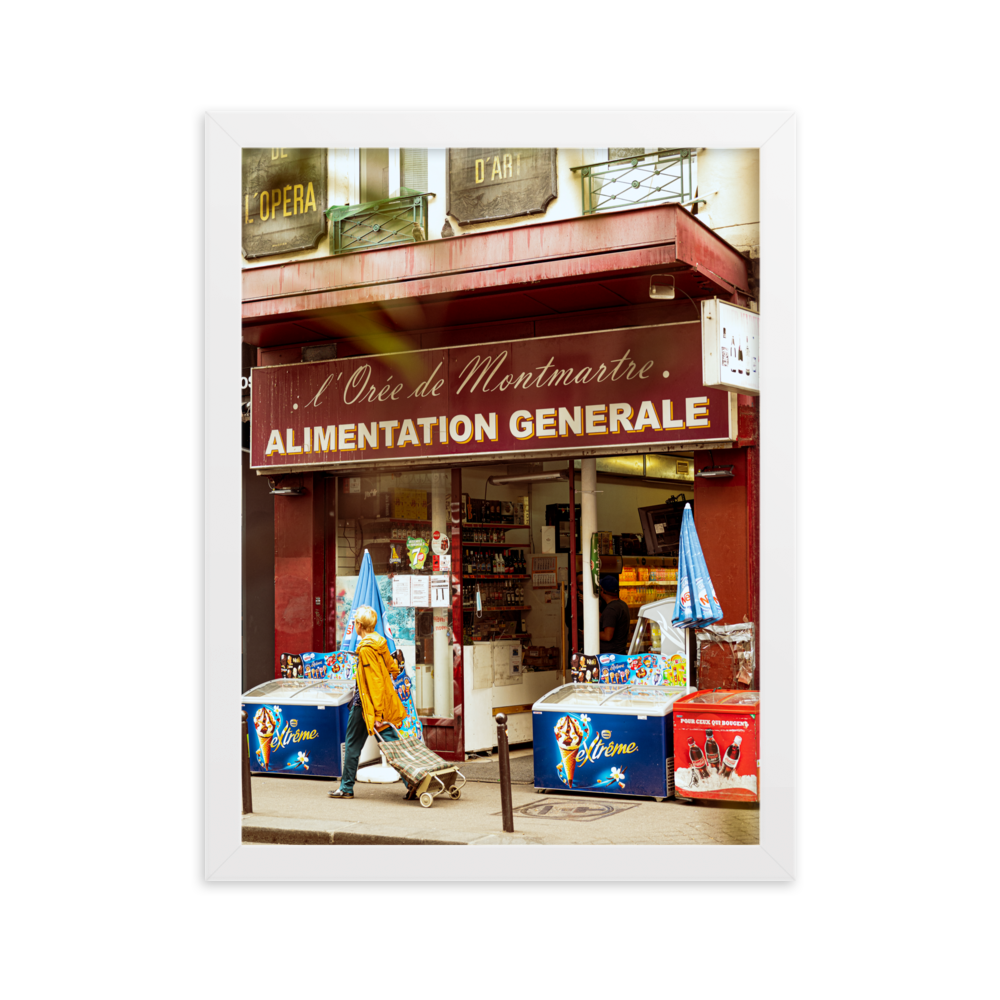 Poster de photographie d'une alimentation générale vintage dans une rue parisienne.