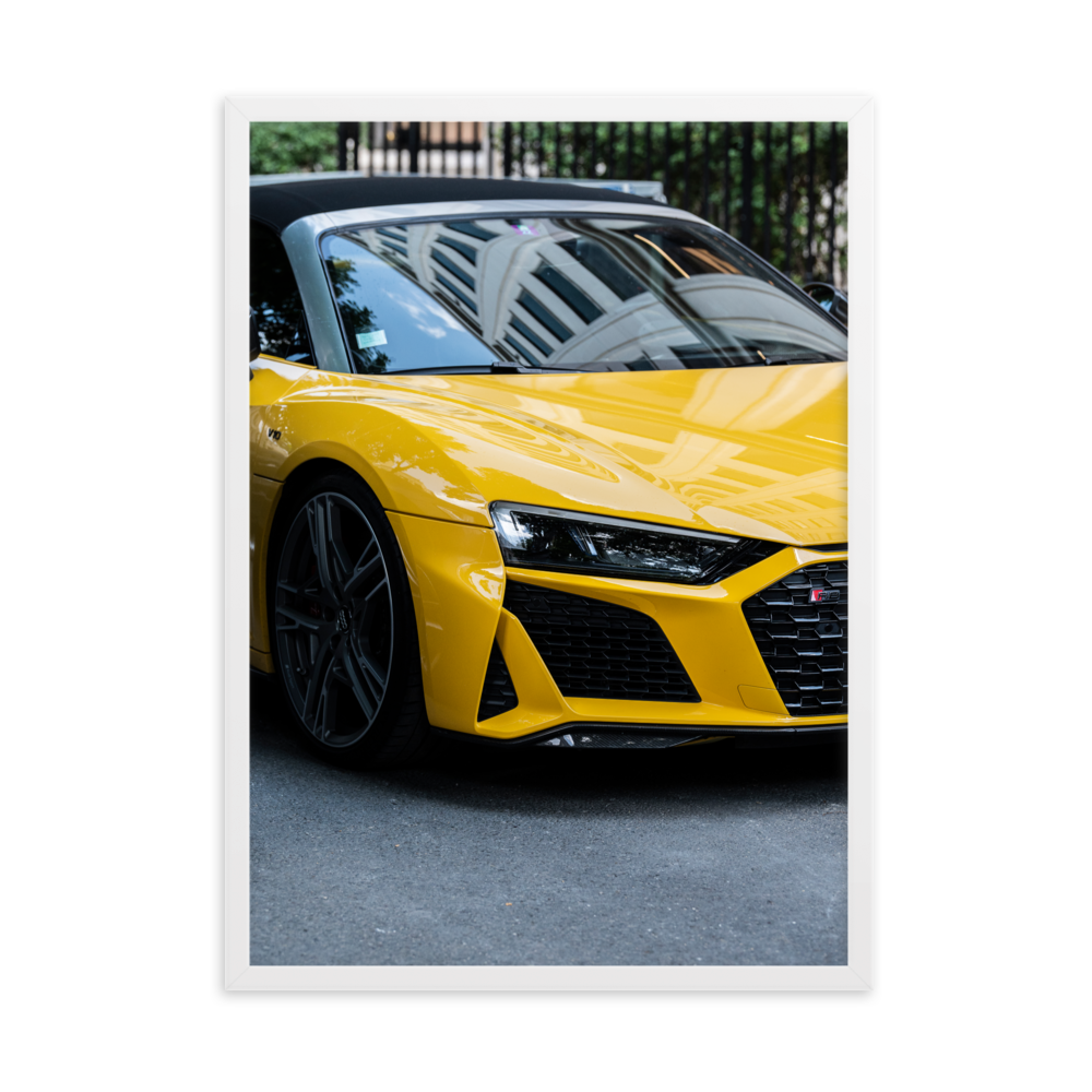 Poster de la photographie "Audi R8 V10 N02", mettant en scène une Audi R8 de dernière génération de couleur jaune.