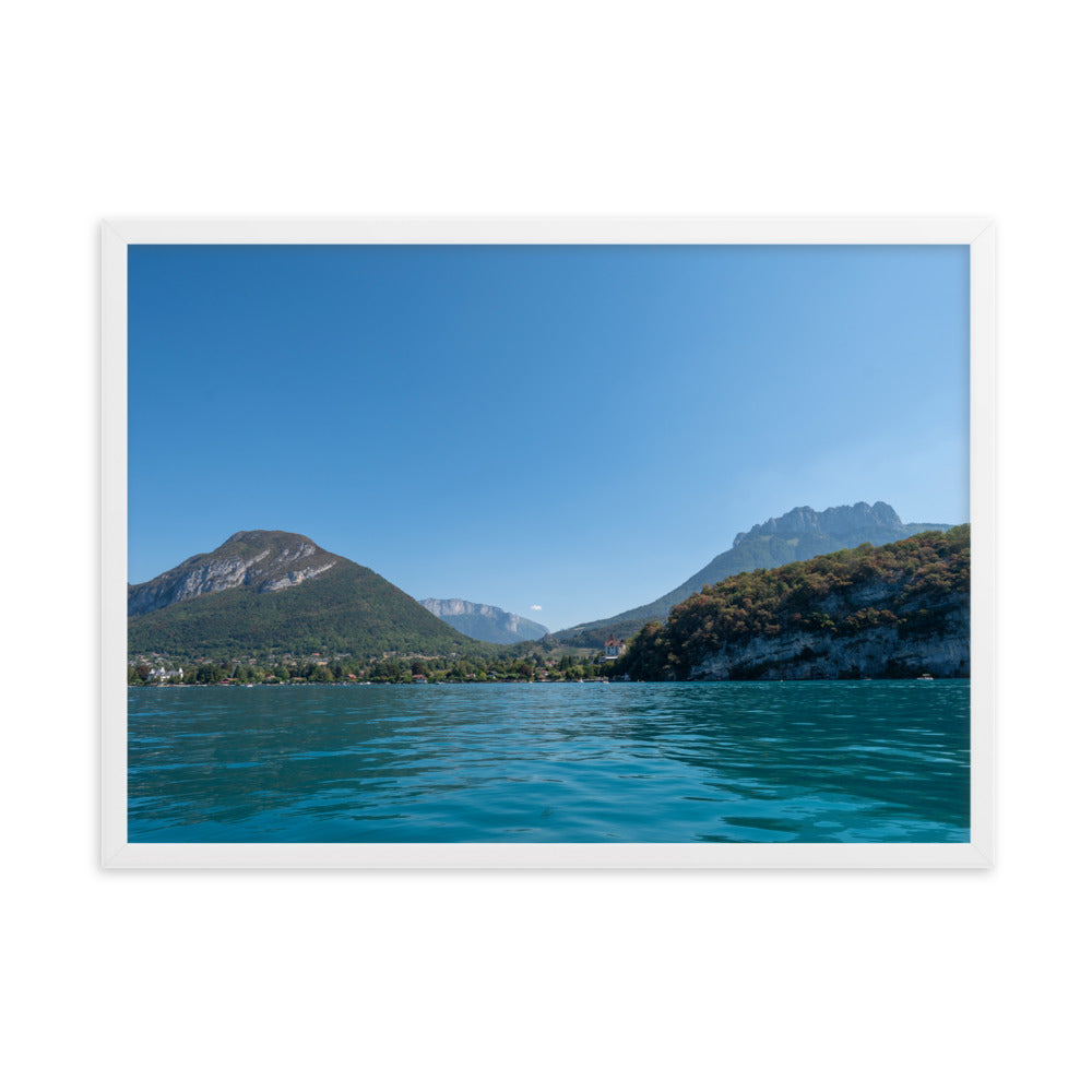 Paysage lacustre apaisant en vert et bleu, œuvre 'Calme d’Émeraude' par Yann Peccard.