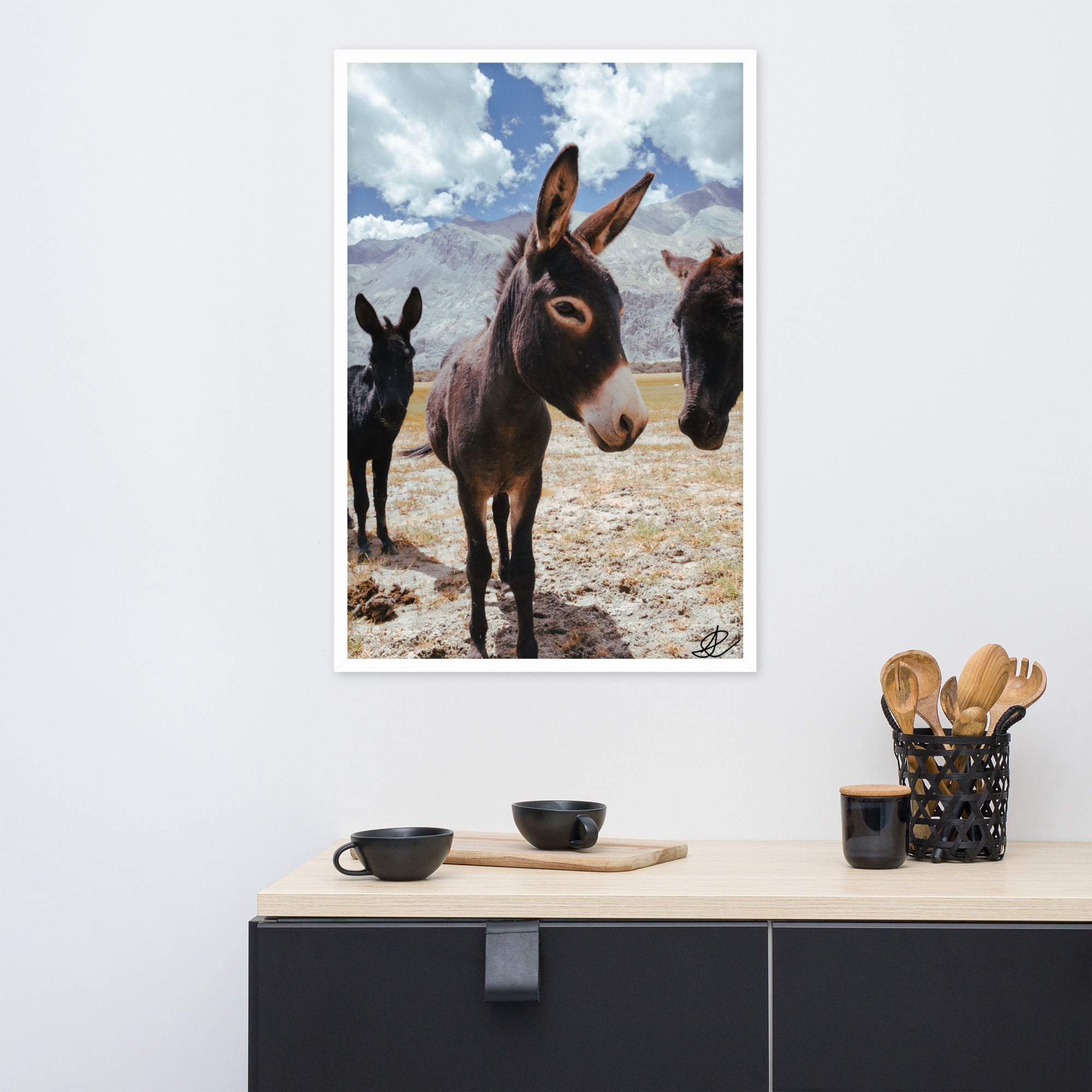 Photographie encadrée 'Les ânes' par Ilan Shoham, dépeignant trois ânes dans un décor aride de la Vallée de Noubra, avec des montagnes imposantes en arrière-plan dans une impression de qualité musée.