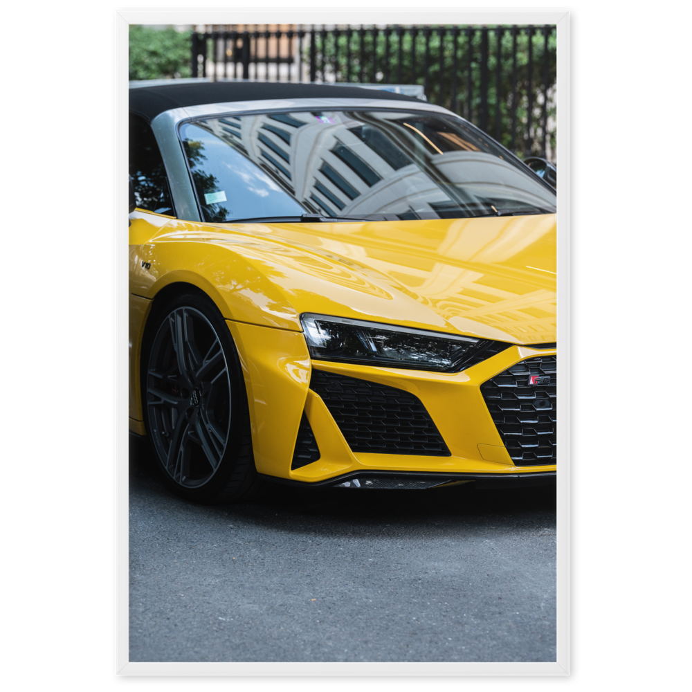 Poster de la photographie "Audi R8 V10 N02", mettant en scène une Audi R8 de dernière génération de couleur jaune.