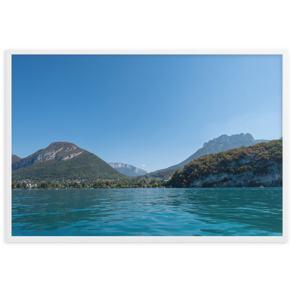 Paysage lacustre apaisant en vert et bleu, œuvre 'Calme d’Émeraude' par Yann Peccard.