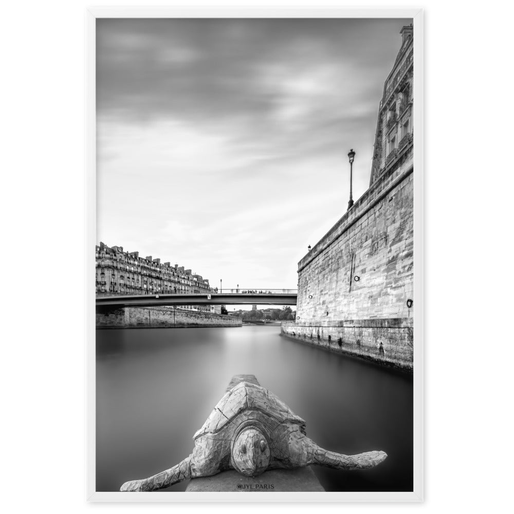 Photographie d'une sculpture de tortue avec en arrière-plan l'architecture parisienne, capturée par @JYL.PARIS, illustrant le contraste entre la nature et l'urbanisme.