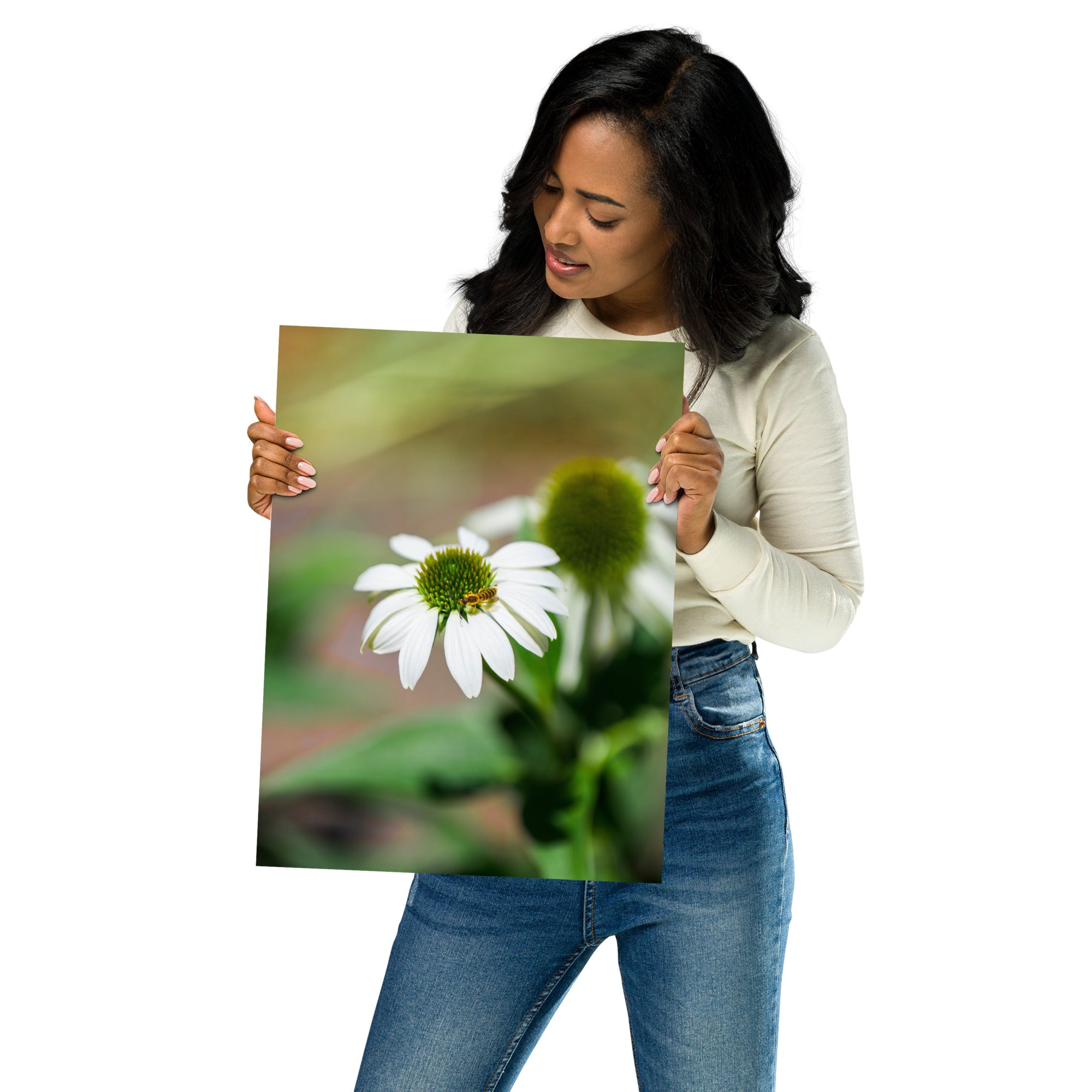 Poster 'Nature Éphémère' représentant une guêpe butinant le pollen d'une marguerite