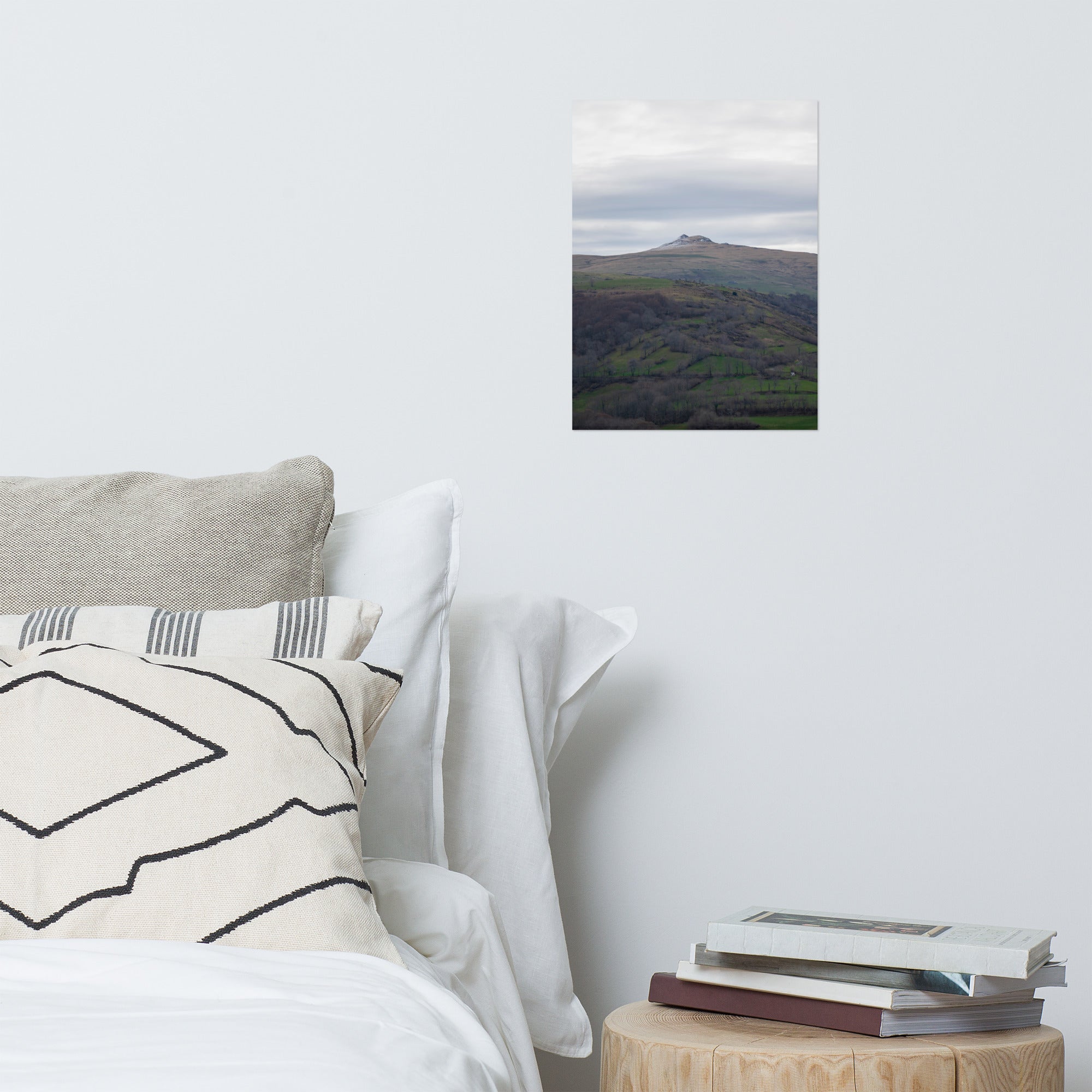 Paysage du Cantal : champs verdoyants en premier plan avec pic montagneux à l'arrière-plan.