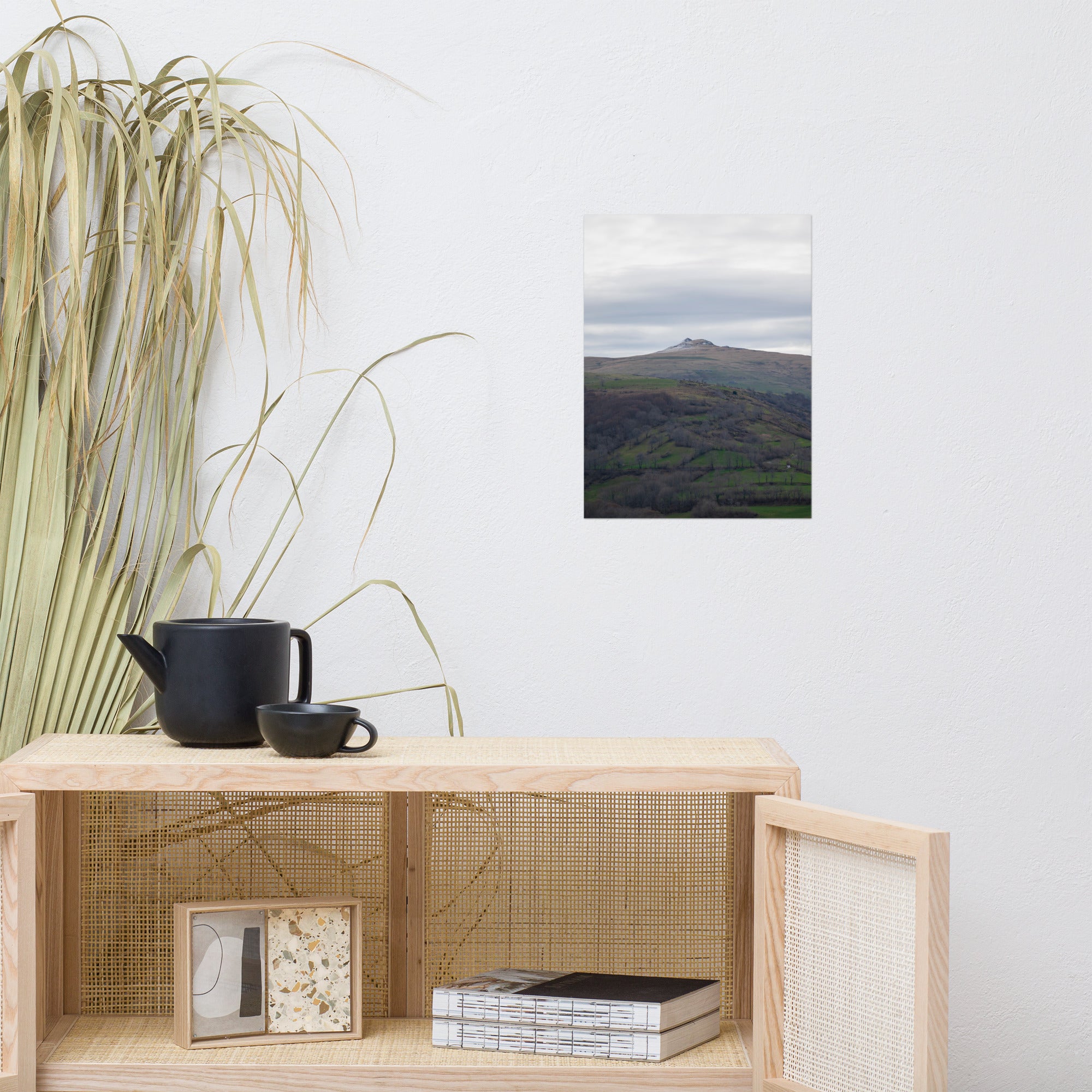 Paysage du Cantal : champs verdoyants en premier plan avec pic montagneux à l'arrière-plan.