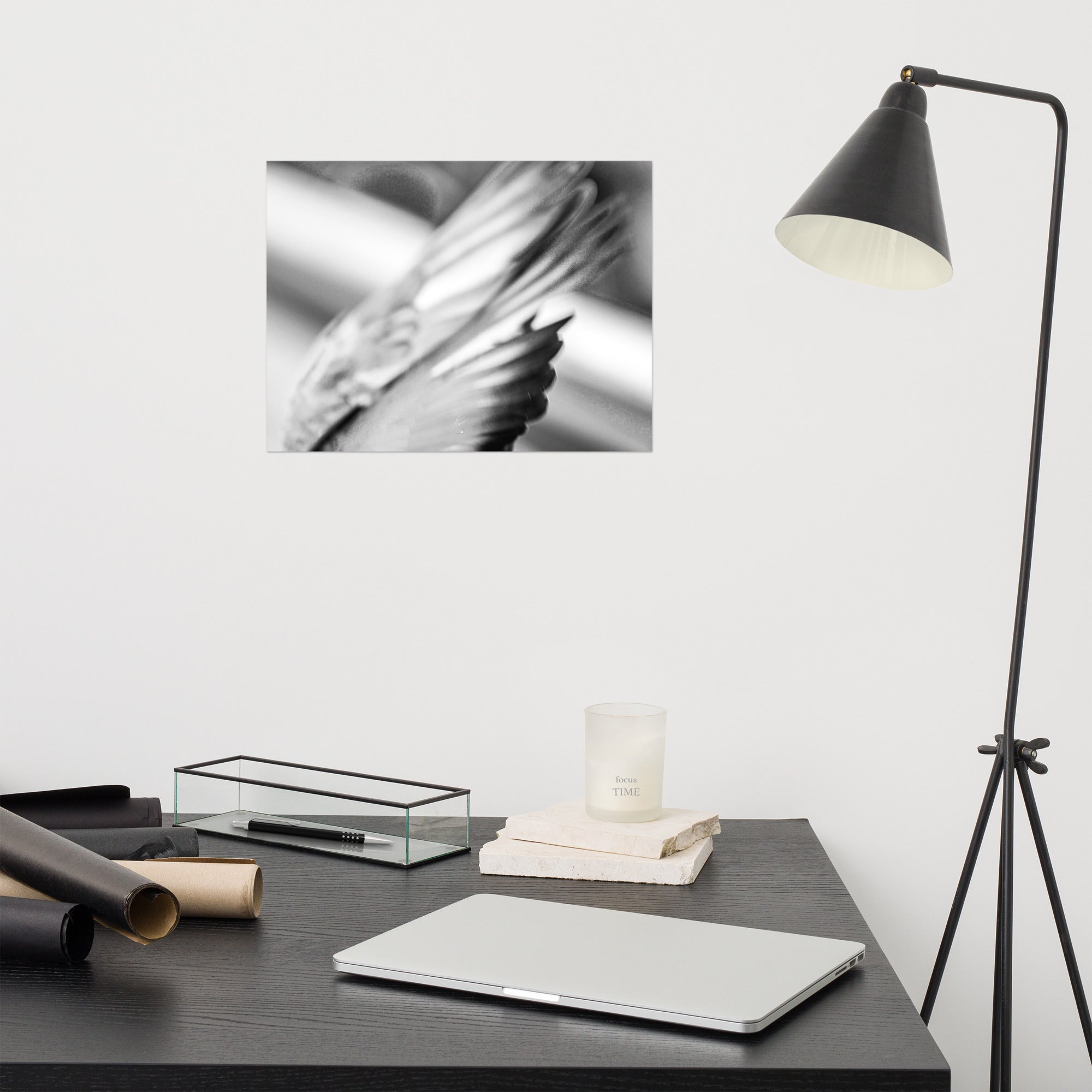 Photographie en noir et blanc du poster 'La touche', mettant en scène les ailes de pigeons en plein vol pour capturer l'essence du mouvement éphémère.