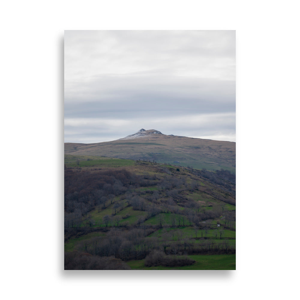 Paysage du Cantal : champs verdoyants en premier plan avec pic montagneux à l'arrière-plan.