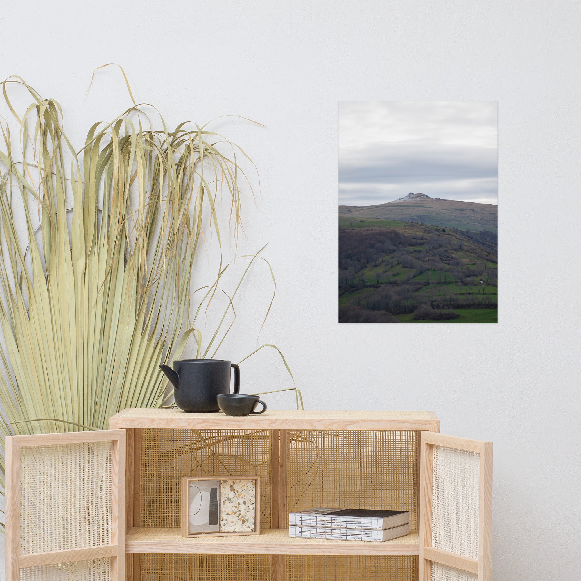 Paysage du Cantal : champs verdoyants en premier plan avec pic montagneux à l'arrière-plan.