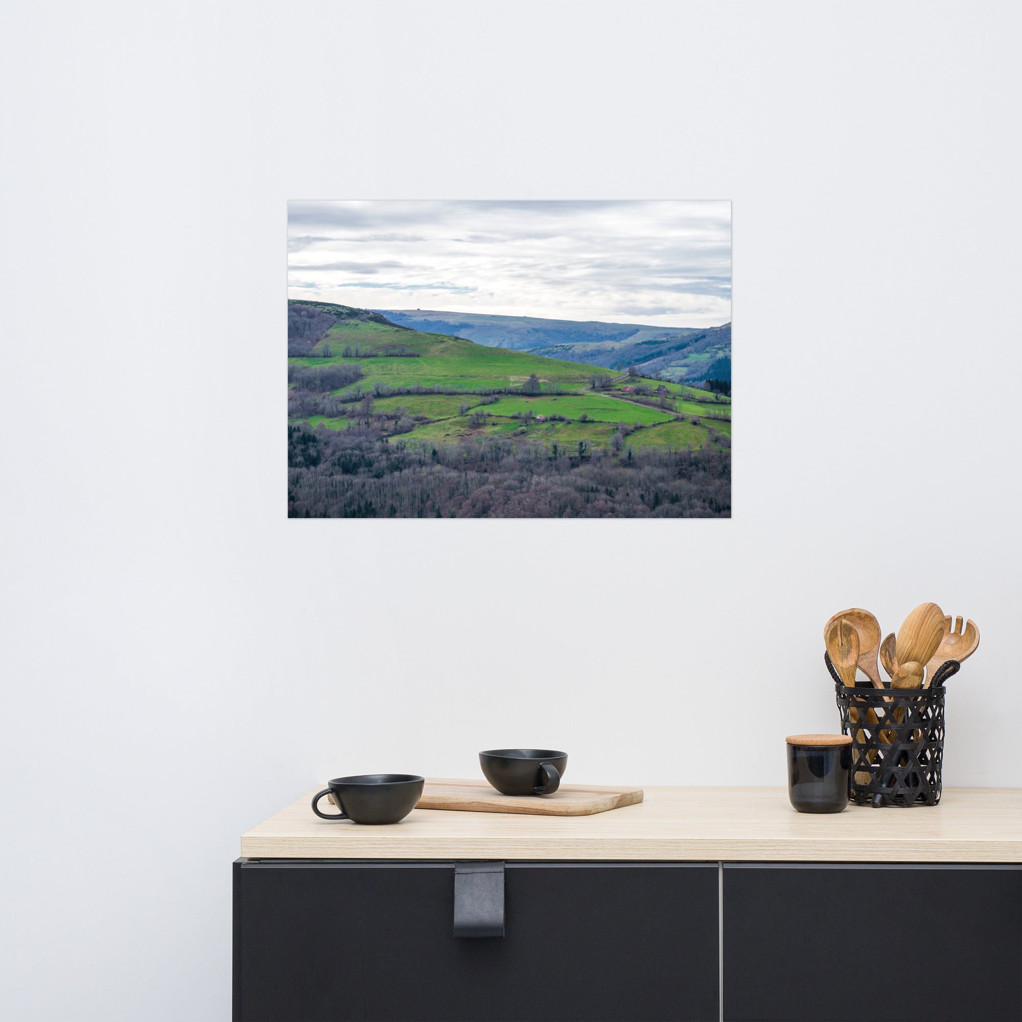 Paysage du Cantal : forêt dense à côté de prairies verdoyantes en haute altitude.