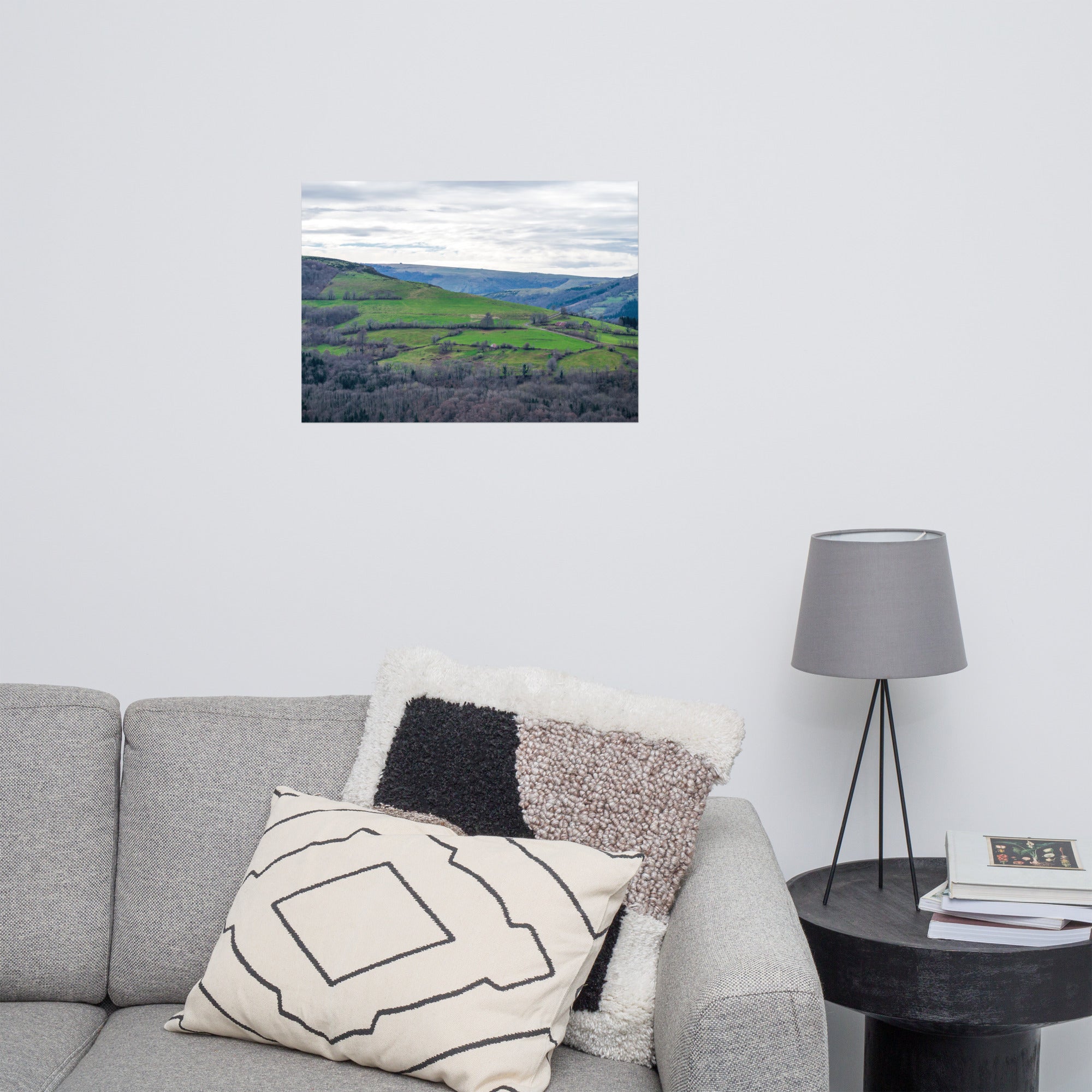 Paysage du Cantal : forêt dense à côté de prairies verdoyantes en haute altitude.