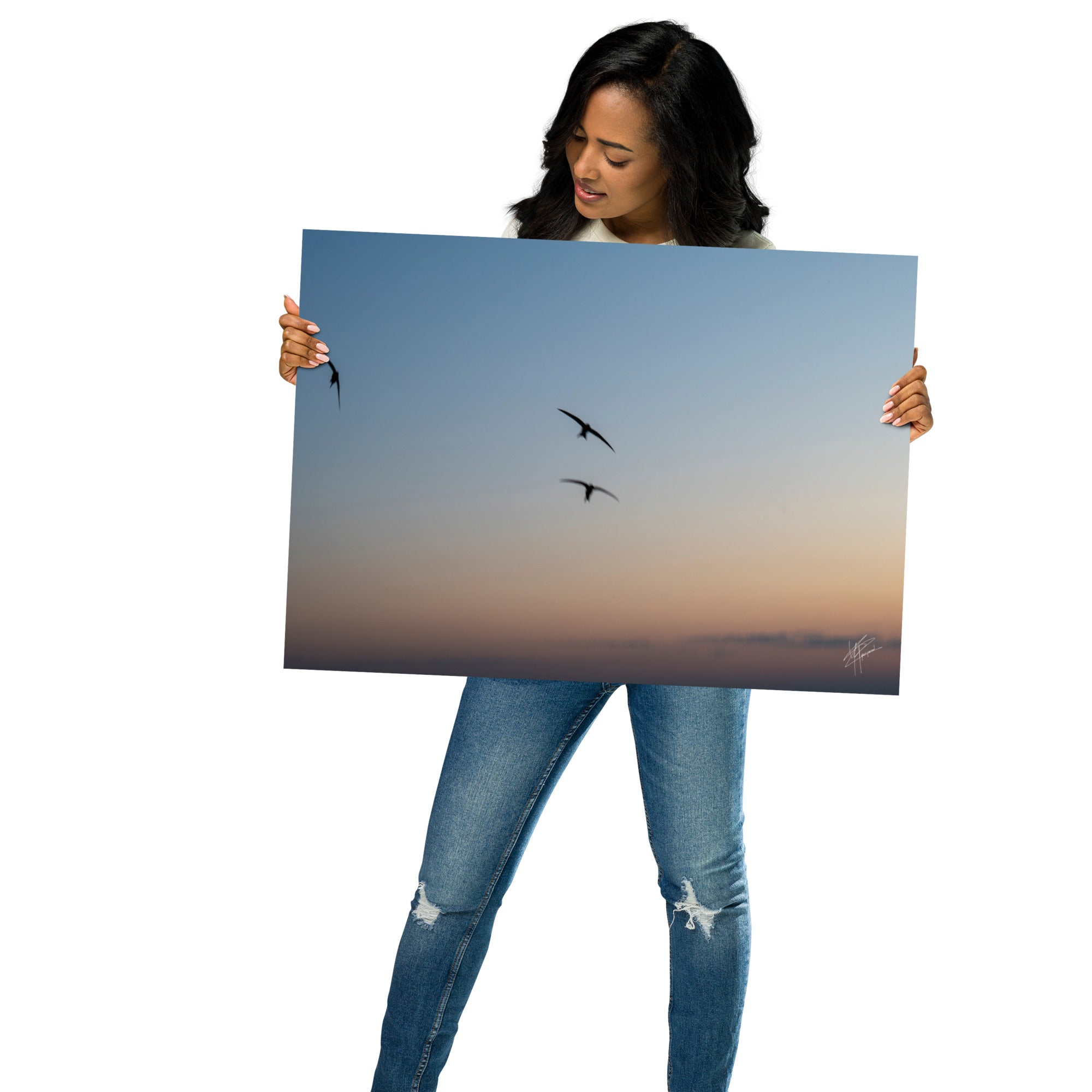 Trois oiseaux volant dans un ciel aux teintes de bleu, orange et jaune.