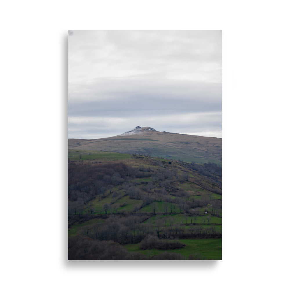 Paysage du Cantal : champs verdoyants en premier plan avec pic montagneux à l'arrière-plan.