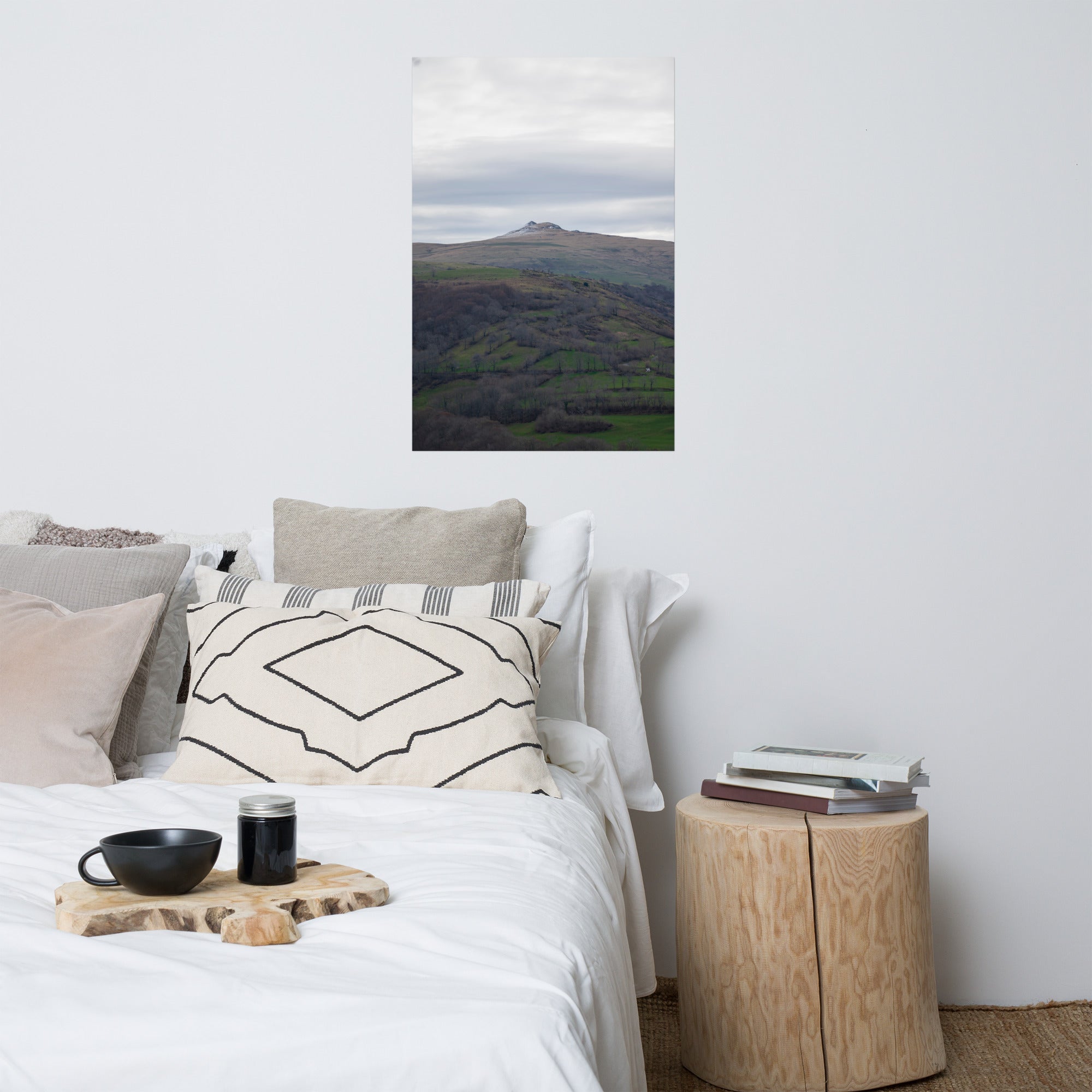 Paysage du Cantal : champs verdoyants en premier plan avec pic montagneux à l'arrière-plan.