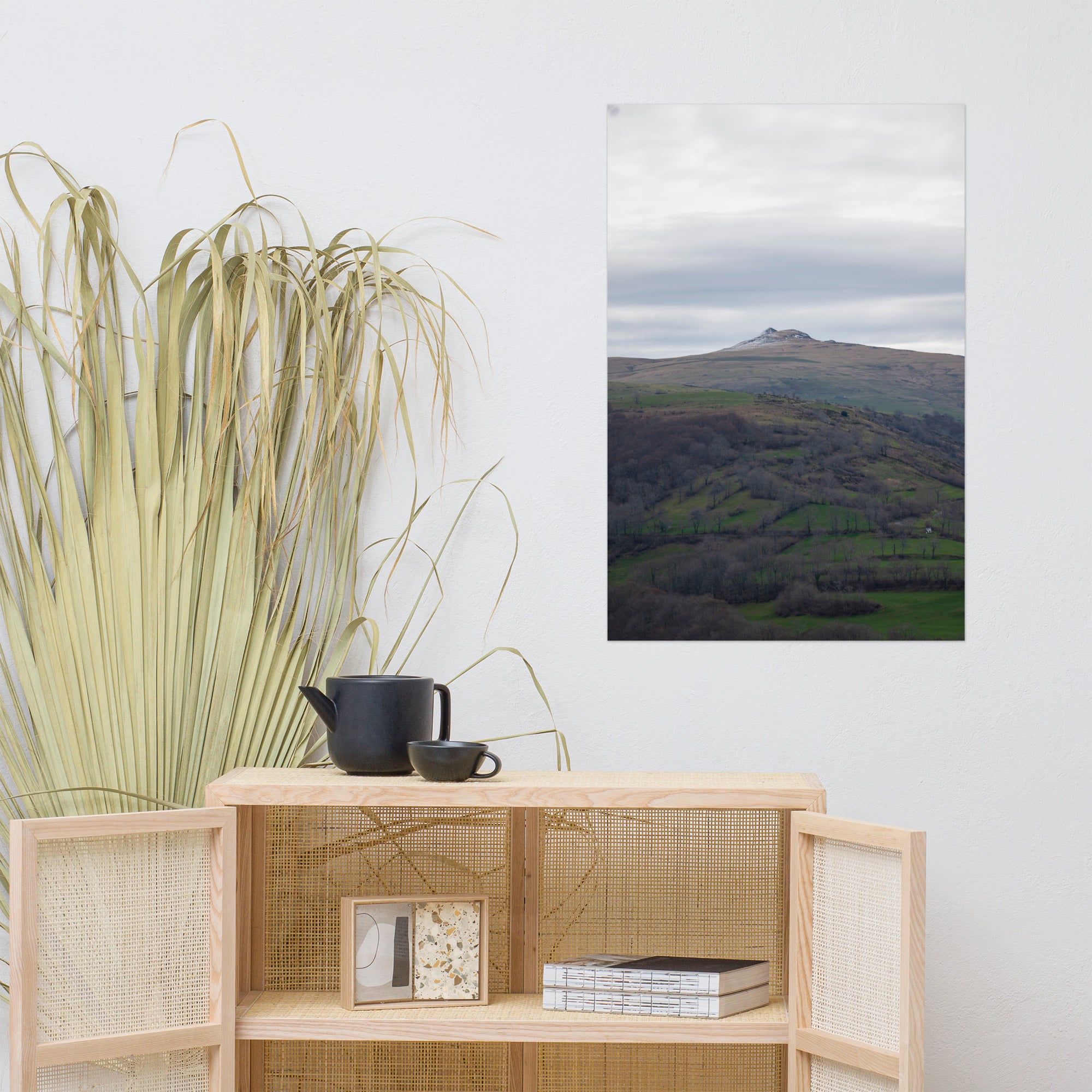 Paysage du Cantal : champs verdoyants en premier plan avec pic montagneux à l'arrière-plan.