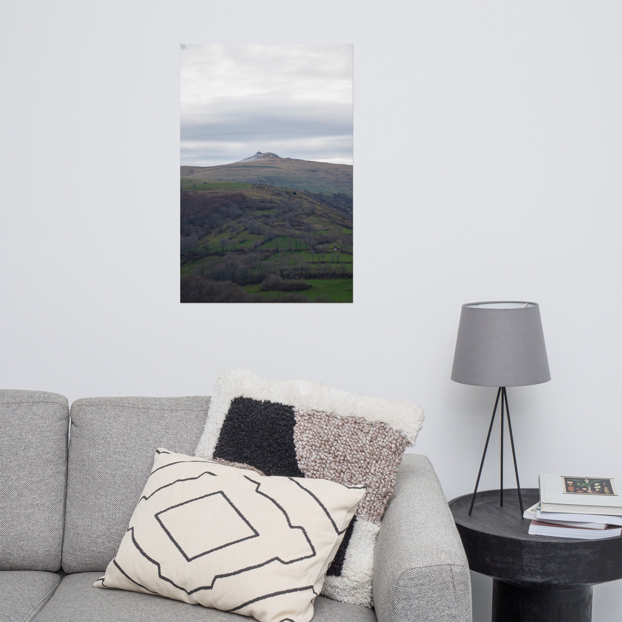 Paysage du Cantal : champs verdoyants en premier plan avec pic montagneux à l'arrière-plan.