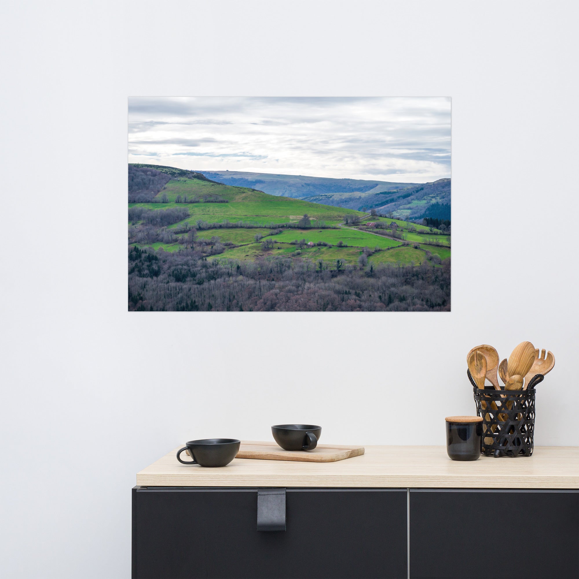 Paysage du Cantal : forêt dense à côté de prairies verdoyantes en haute altitude.