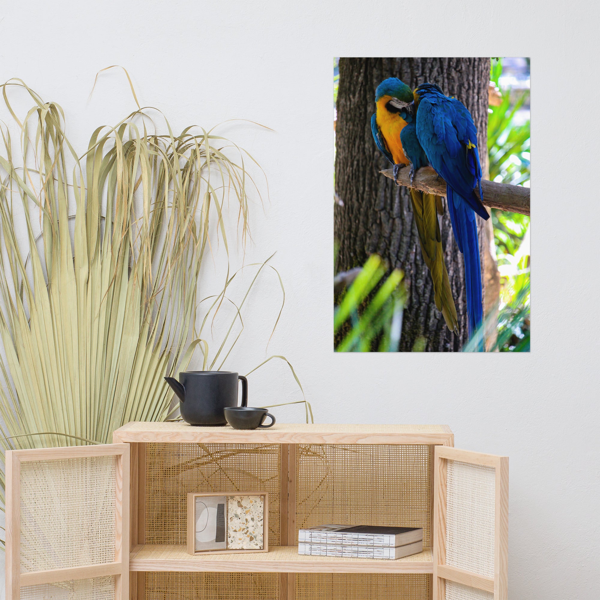 Photographie 'L'Étreinte' par Hadrien Geraci, capturant un moment tendre entre deux Ara bleus sur une branche.