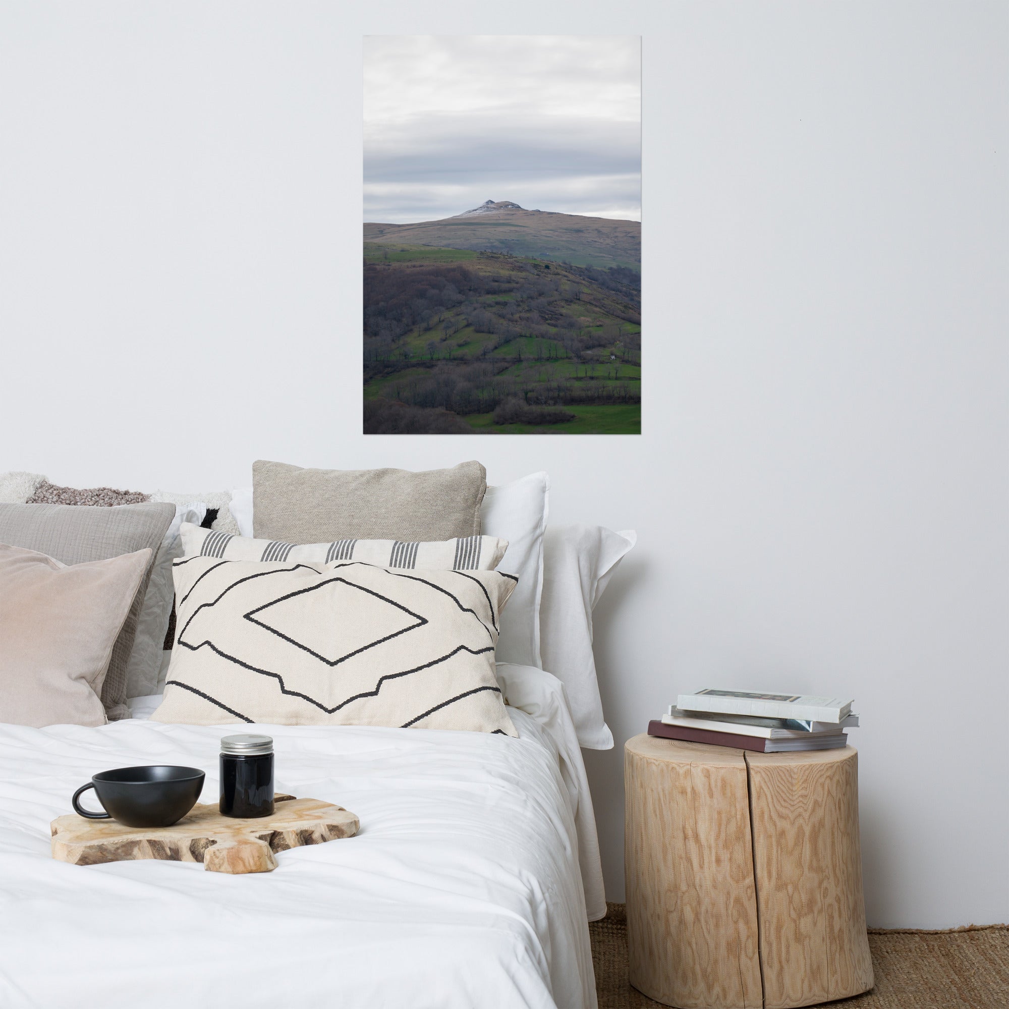 Paysage du Cantal : champs verdoyants en premier plan avec pic montagneux à l'arrière-plan.