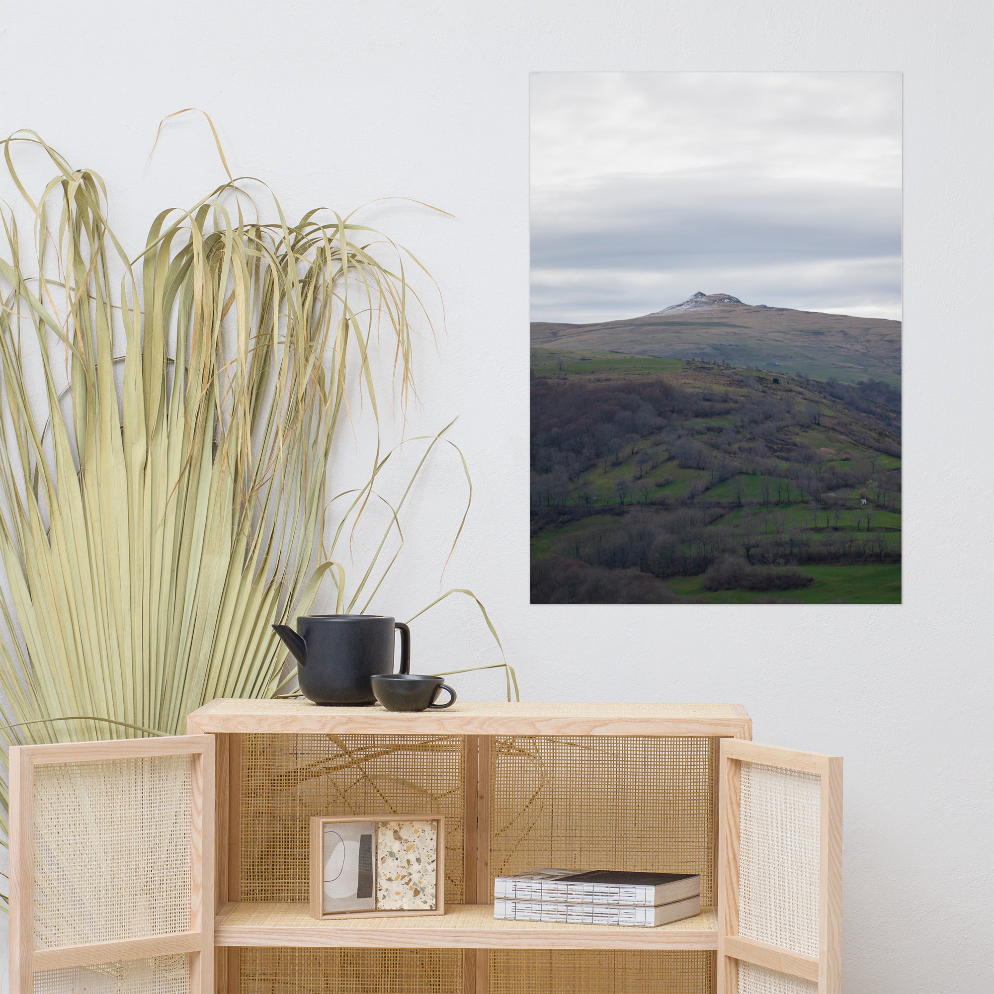 Paysage du Cantal : champs verdoyants en premier plan avec pic montagneux à l'arrière-plan.