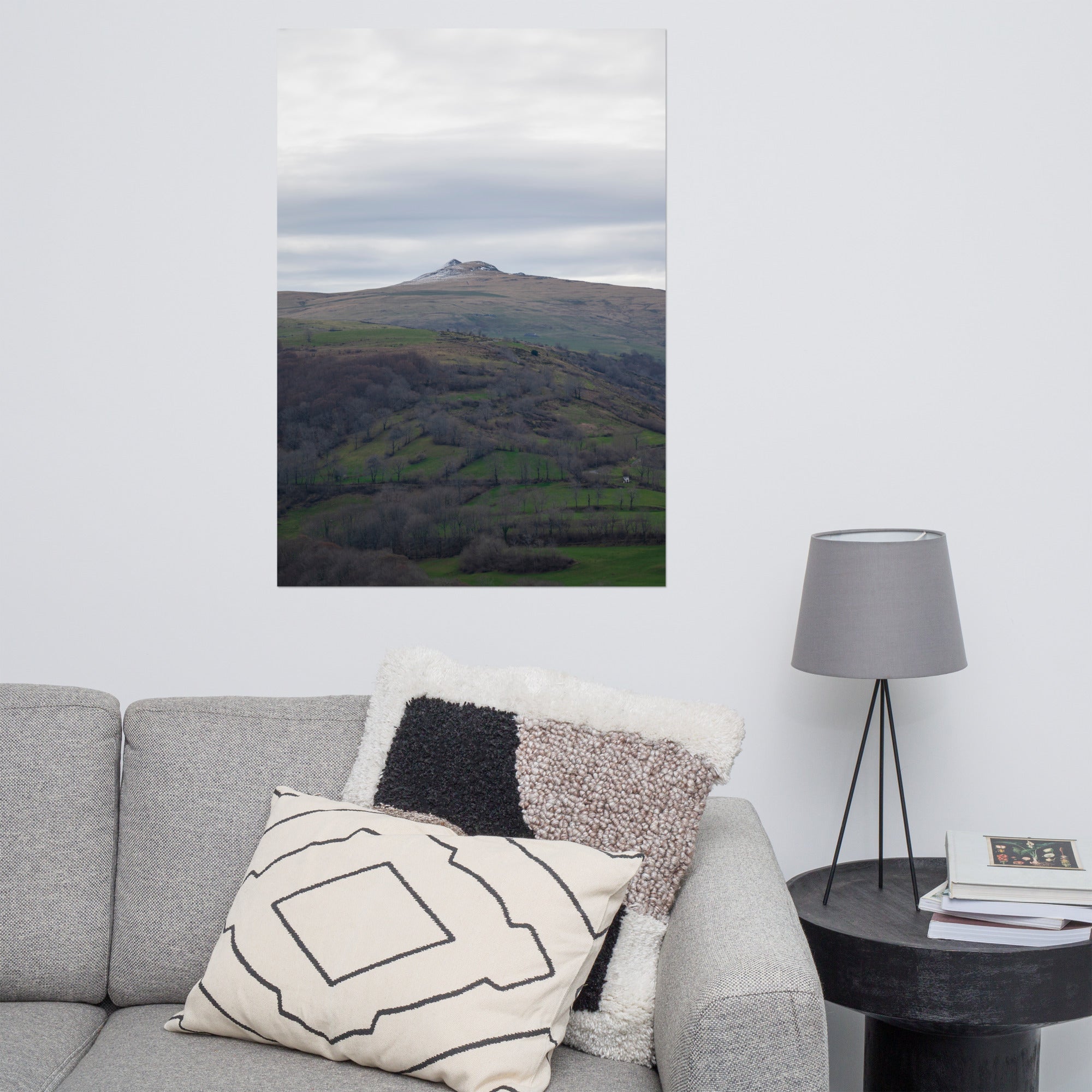 Paysage du Cantal : champs verdoyants en premier plan avec pic montagneux à l'arrière-plan.