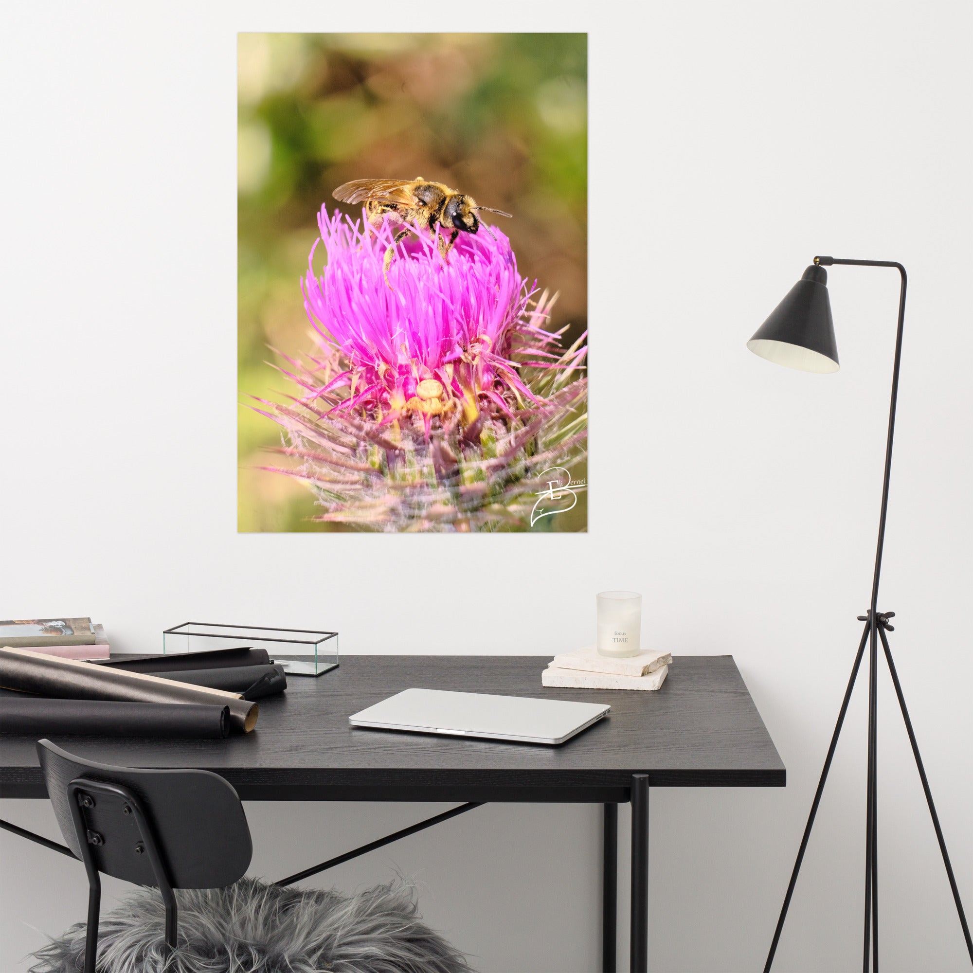 Photographie détaillée d'une abeille collectant du pollen sur une fleur de chardon marie, mettant en évidence la complexité de la nature, œuvre d'Eli Bernet.